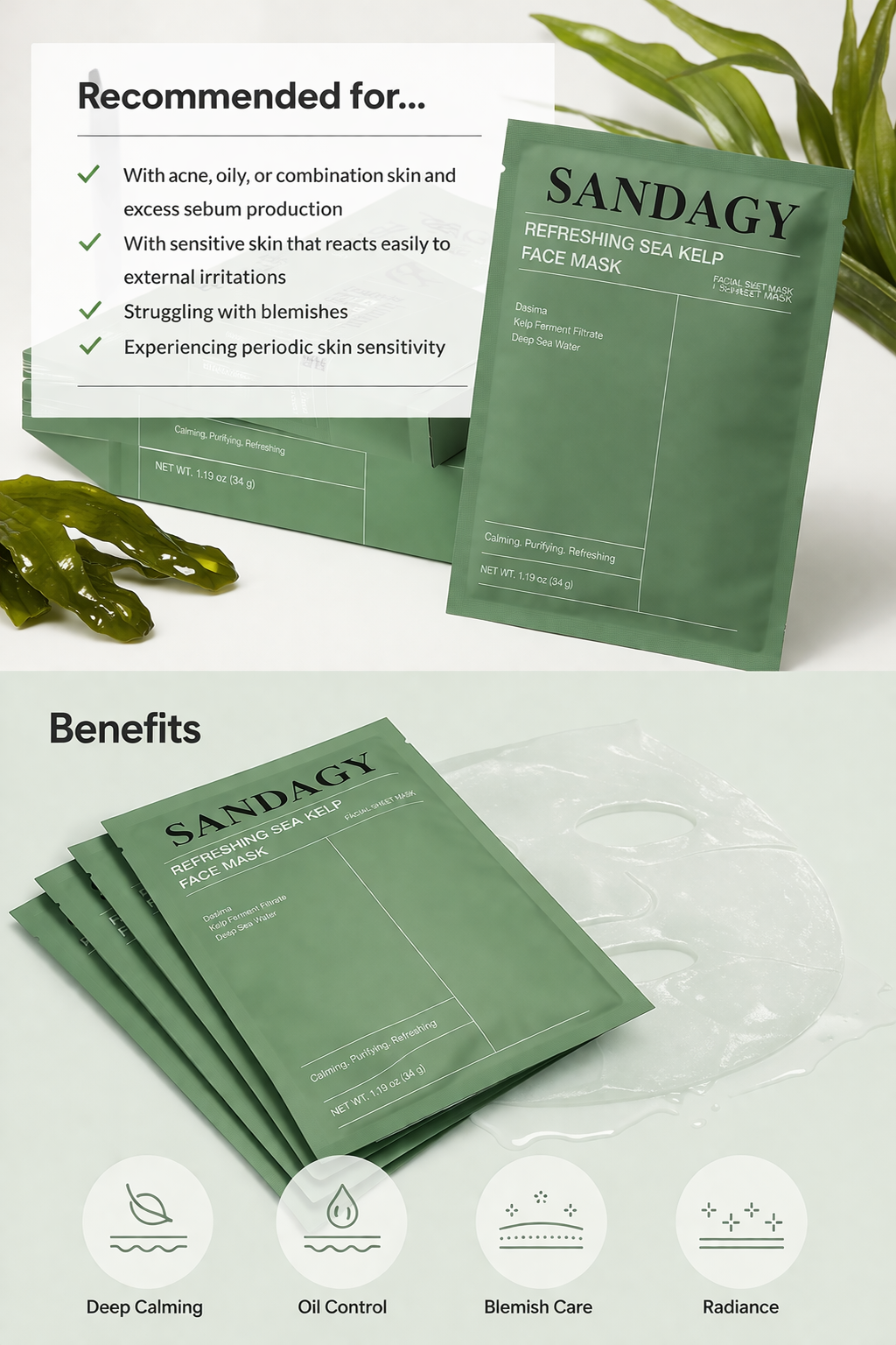 Sandagy  calm Reset Sea Kelp  Face Mask - Hydrating &amp; Skin Barrier Repair
